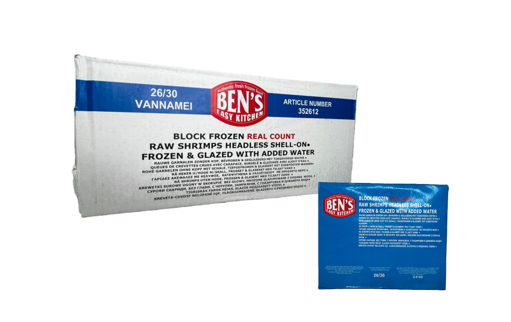 Räkor Vannamei 26/30 H-less 6x0,9kg RC 100% netto India  BML