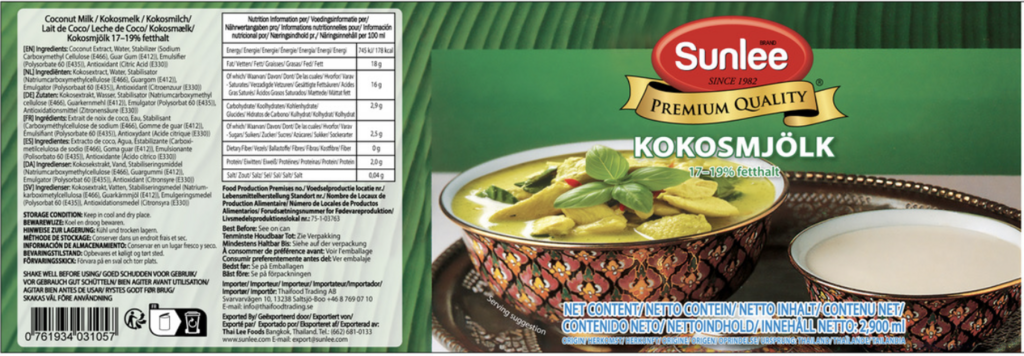 Kokosmjölk 17-19% (Grön Etikett) 6x2900ml Sunlee Thailand